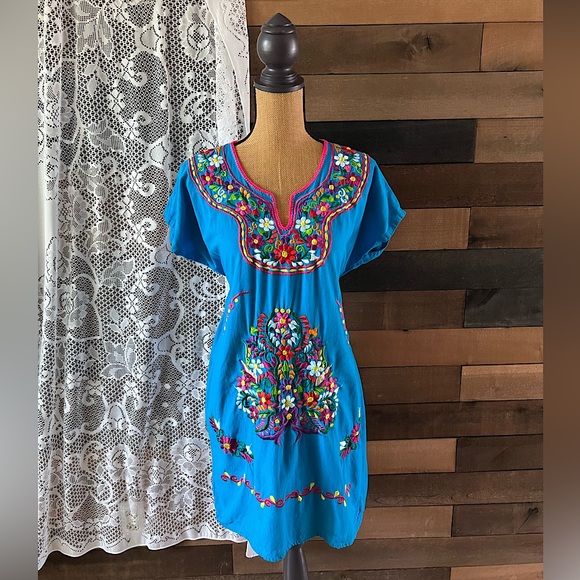 Blue Authentic Mexican Flower Embroidered Short Sleeve Midi Dress One Size - Picture 1 of 9
